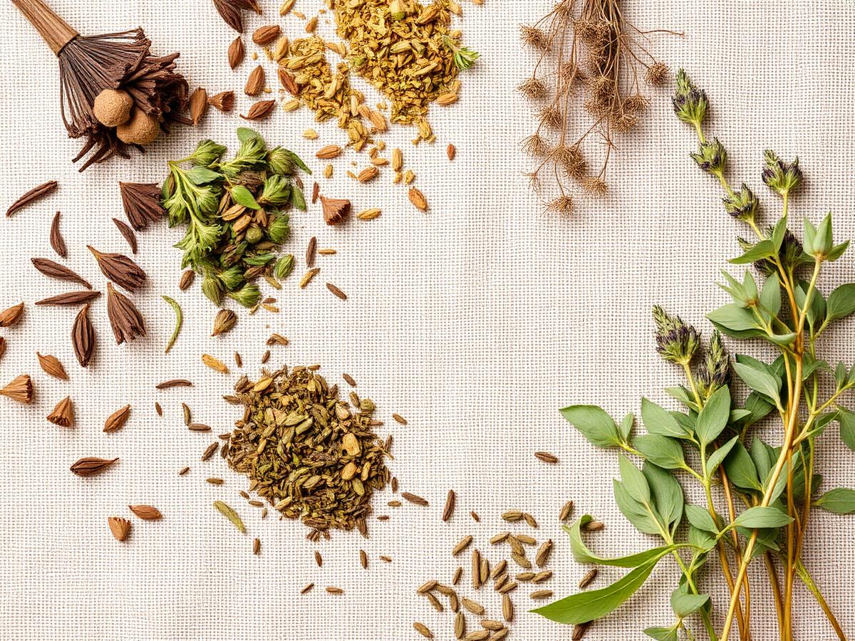 Dried herbs and botanicals arranged on a natural linen surface